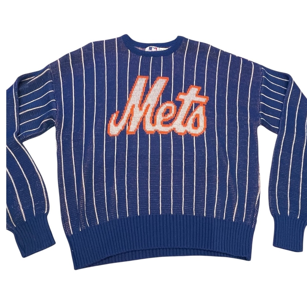 Rare Vintage 80s Cliff Engle Blue New York Mets Striped MLB Knit Sweater Medium